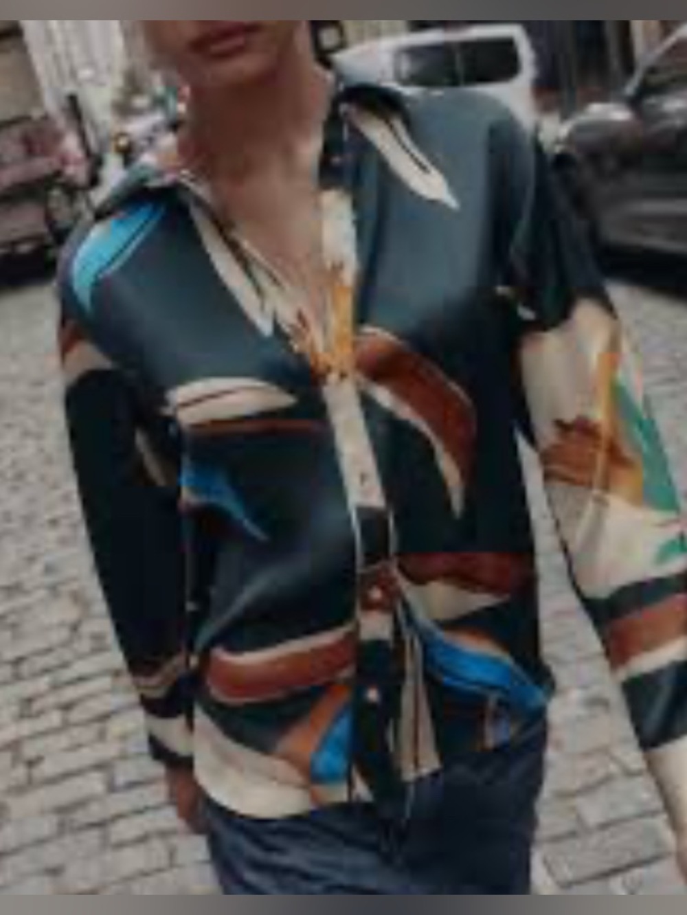 Zara Abstract Print Satin Button-Up Blouse